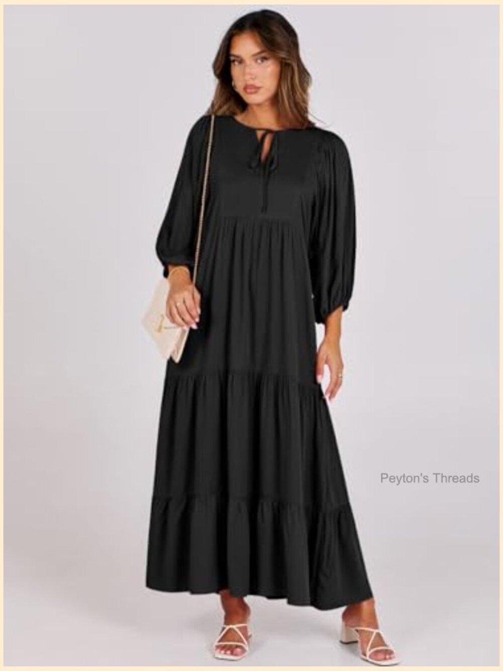 Boho Maxi Dress V Neck Puff Sleeve Flowy Swing Casual Long Dress - Picture 6 of 7